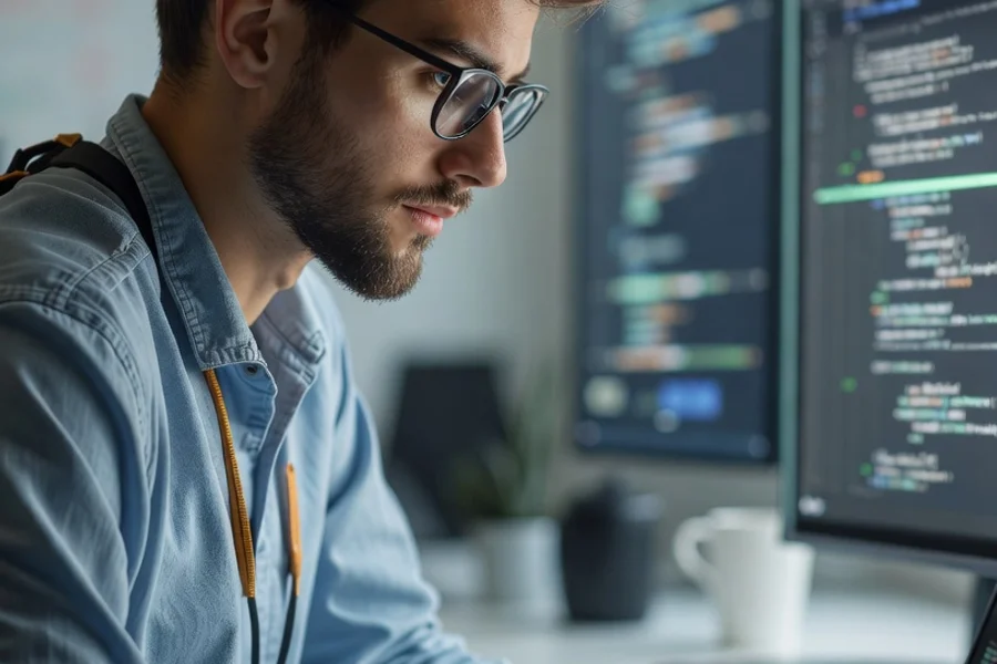 Desarrollador trabajando frente a múltiples monitores