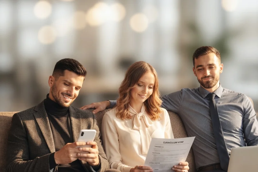 Equipo de trabajo en oficina analizando currículums